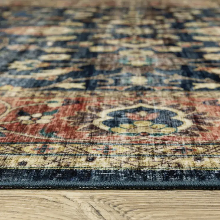 5' X 7' Blue And Rust Oriental Distressed Area Rug
