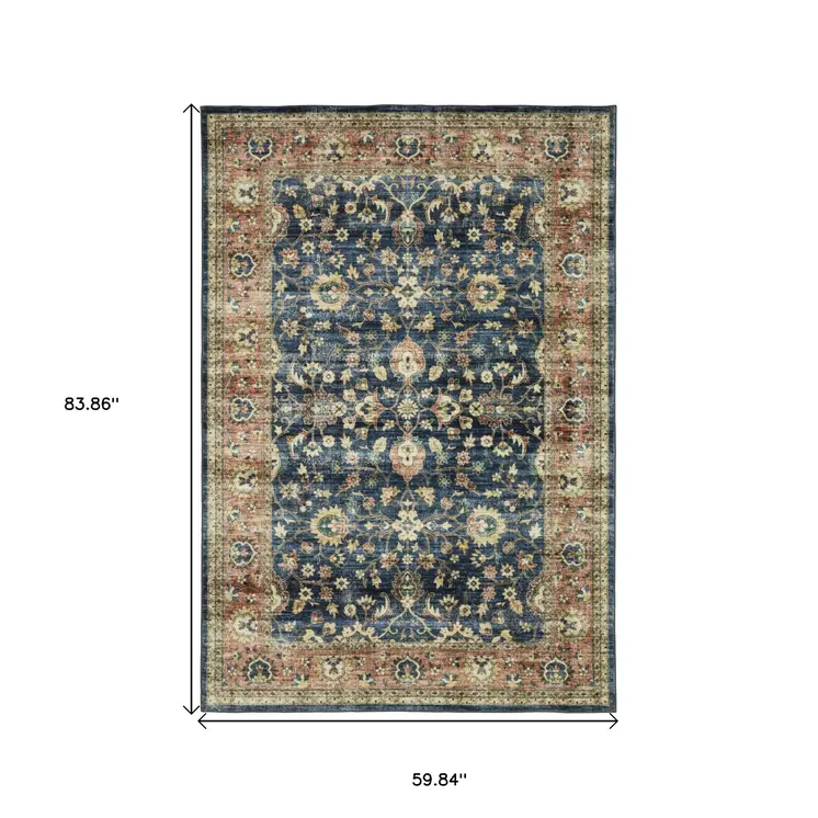 5' X 7' Blue And Rust Oriental Distressed Area Rug