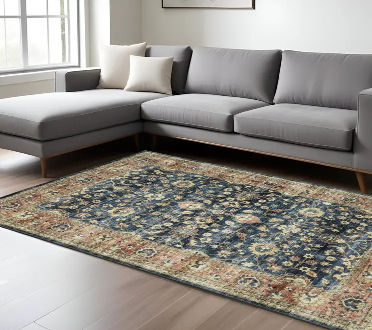 8' X 10' Blue And Rust Oriental Distressed Area Rug