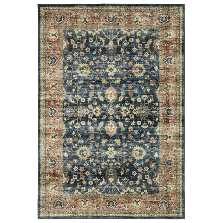 8' X 10' Blue And Rust Oriental Distressed Area Rug