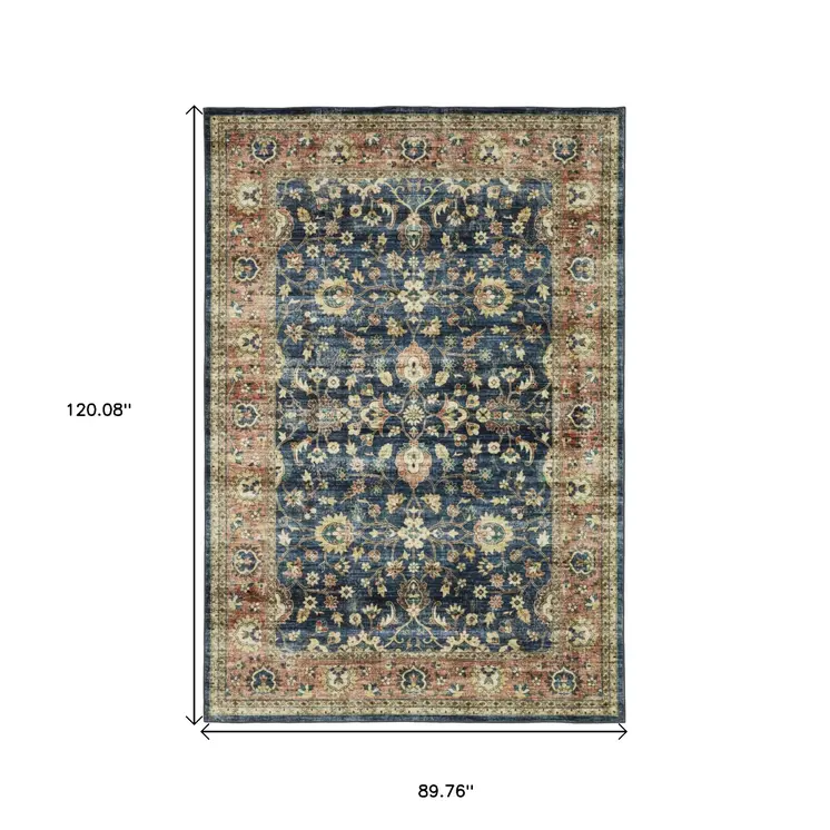 8' X 10' Blue And Rust Oriental Distressed Area Rug