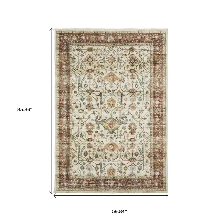 5' X 7' Ivory Oriental Distressed Area Rug