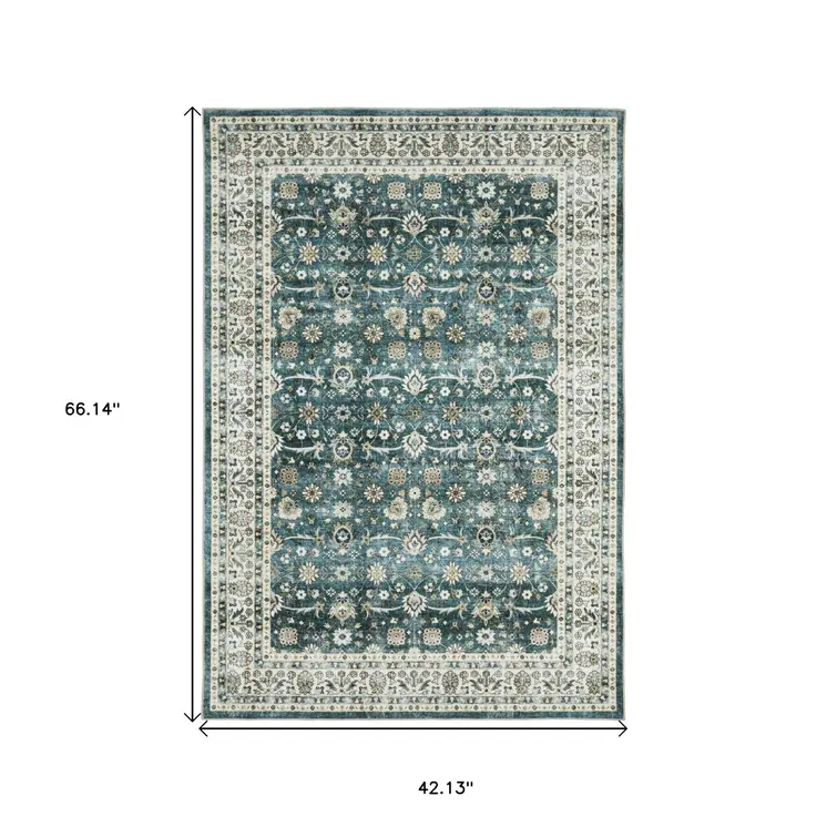 4' X 6' Teal And Ivory Oriental Distressed Area Rug