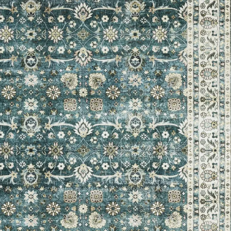 4' X 6' Teal And Ivory Oriental Distressed Area Rug