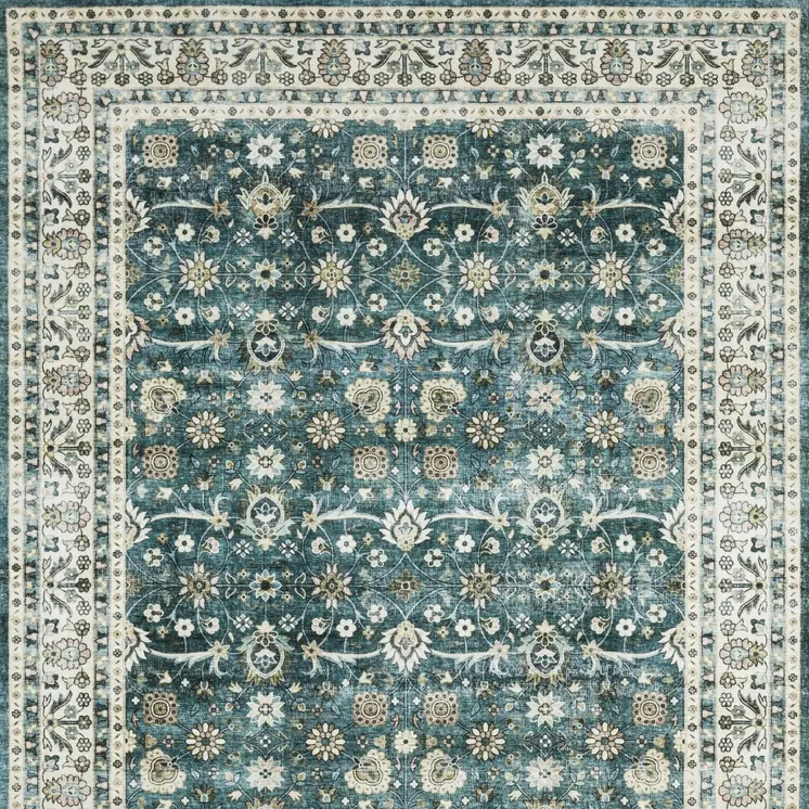 4' X 6' Teal And Ivory Oriental Distressed Area Rug