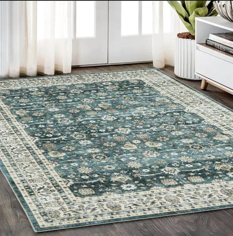 5' X 7' Teal And Ivory Oriental Distressed Area Rug