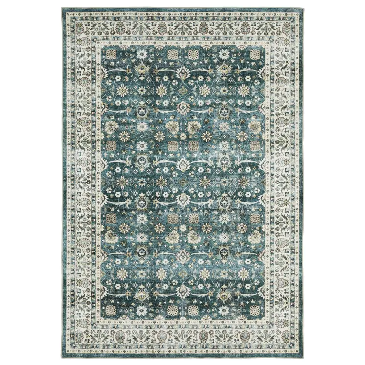5' X 7' Teal And Ivory Oriental Distressed Area Rug