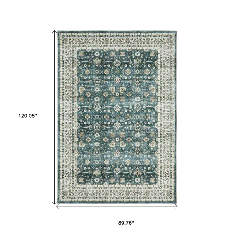 8' X 10' Teal And Ivory Oriental Distressed Area Rug