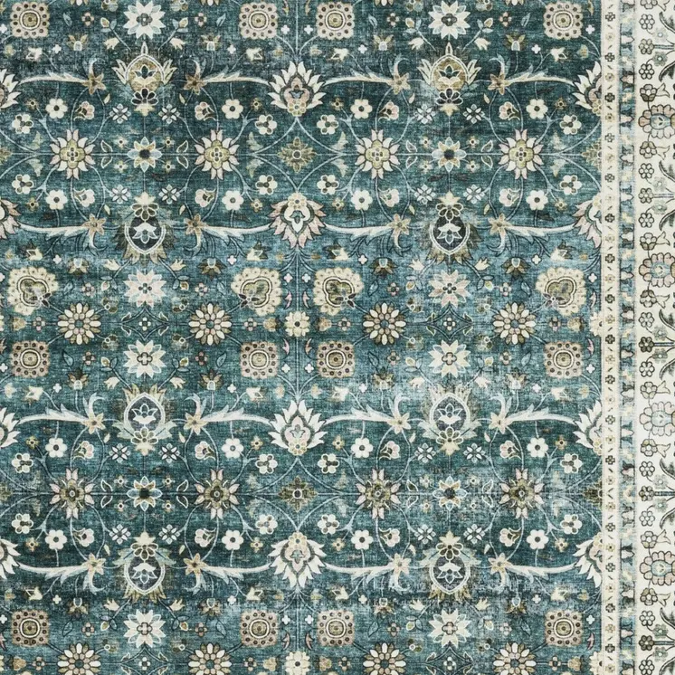 8' X 10' Teal And Ivory Oriental Distressed Area Rug