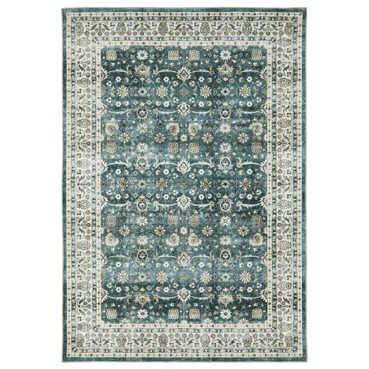 8' X 10' Teal And Ivory Oriental Distressed Area Rug
