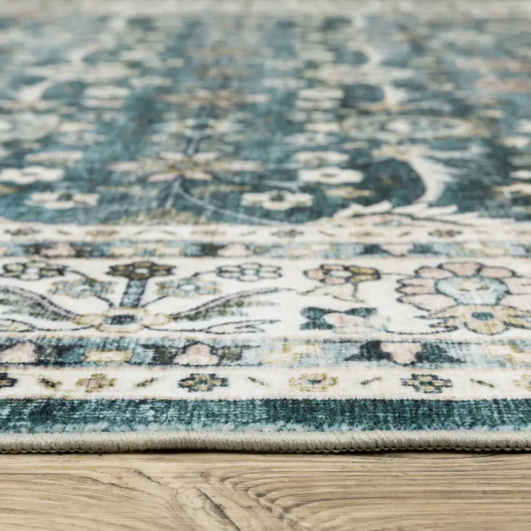 8' X 10' Teal And Ivory Oriental Distressed Area Rug