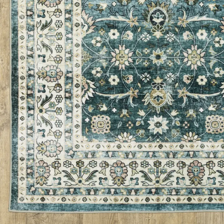 8' X 10' Teal And Ivory Oriental Distressed Area Rug
