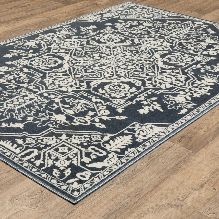 10' X 13' Blue And Ivory Oriental Area Rug