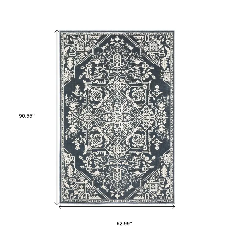 5' X 8' Blue And Ivory Oriental Area Rug