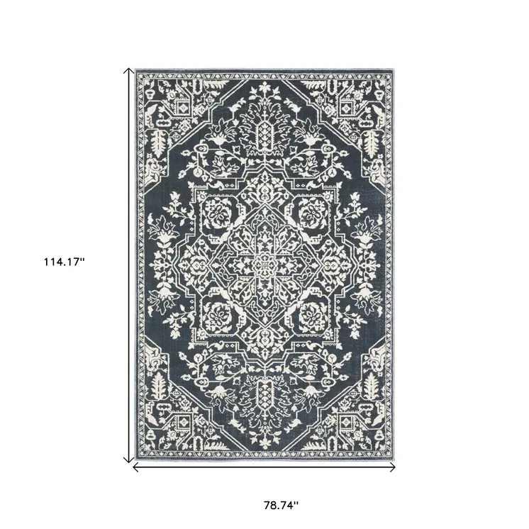 7' X 10' Blue And Ivory Oriental Area Rug