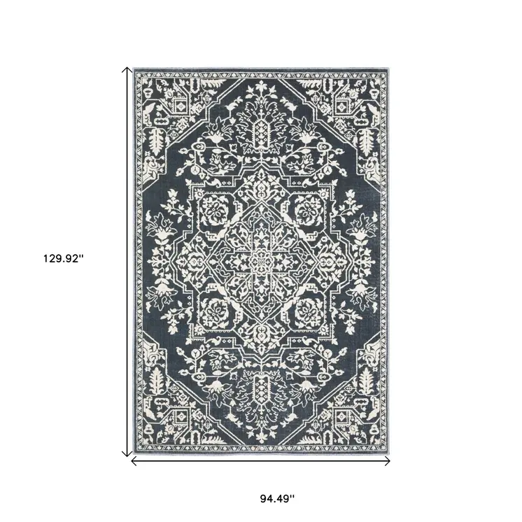 8' X 11' Blue And Ivory Oriental Area Rug