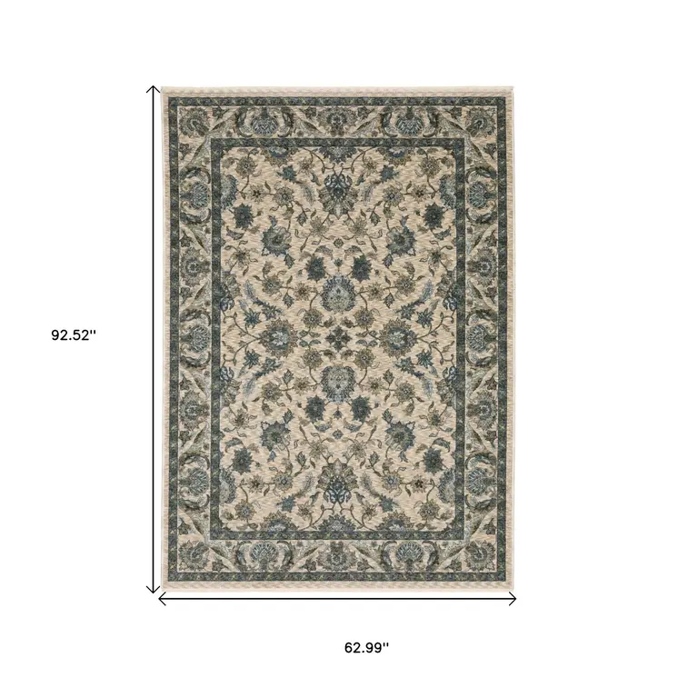 5' X 8' Beige And Blue Oriental Area Rug With Fringe