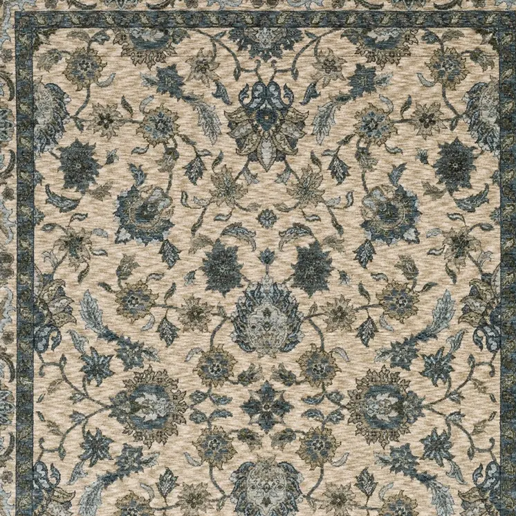 5' X 8' Beige And Blue Oriental Area Rug With Fringe