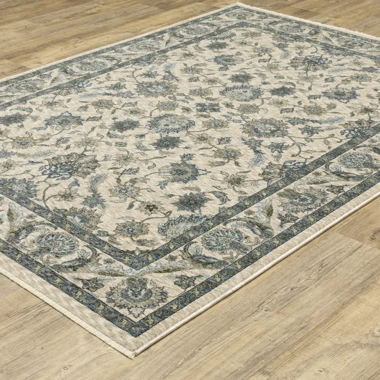 5' X 8' Beige And Blue Oriental Area Rug With Fringe