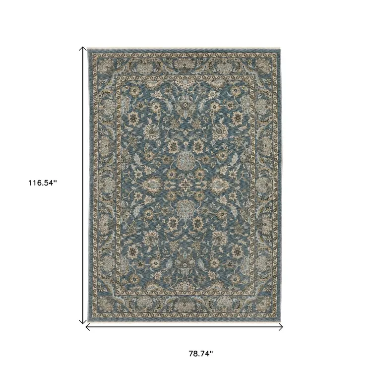 7' X 10' Blue And Beige Oriental Area Rug With Fringe