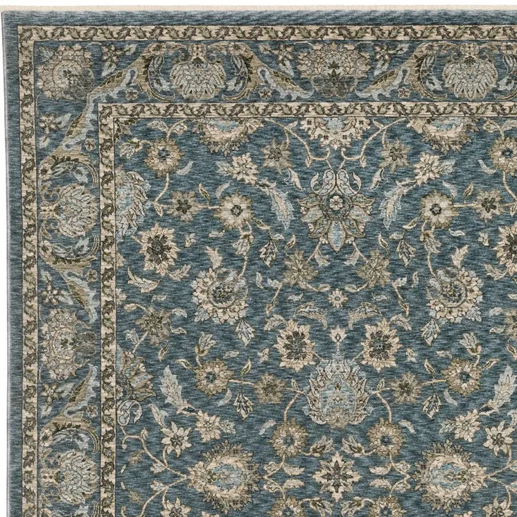 7' X 10' Blue And Beige Oriental Area Rug With Fringe