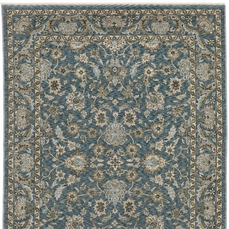 7' X 10' Blue And Beige Oriental Area Rug With Fringe