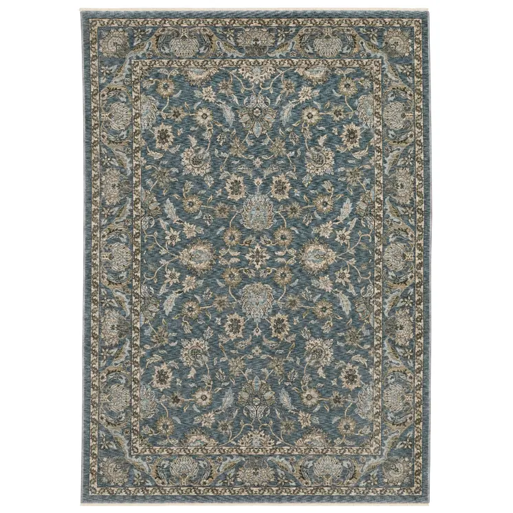 7' X 10' Blue And Beige Oriental Area Rug With Fringe
