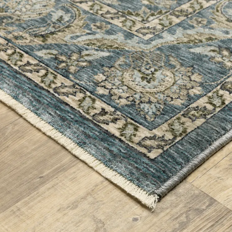 7' X 10' Blue And Beige Oriental Area Rug With Fringe