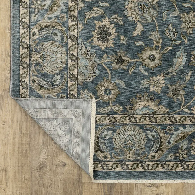 7' X 10' Blue And Beige Oriental Area Rug With Fringe
