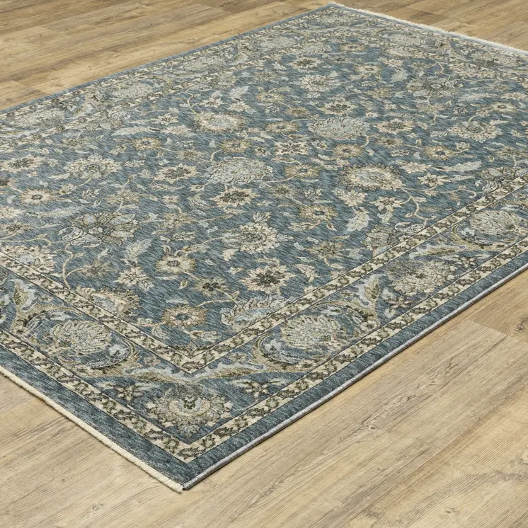 8' X 11' Blue And Beige Oriental Area Rug With Fringe