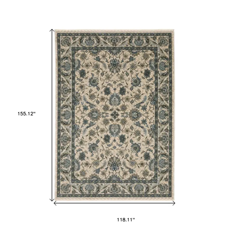 10' X 13' Beige And Blue Oriental Area Rug With Fringe
