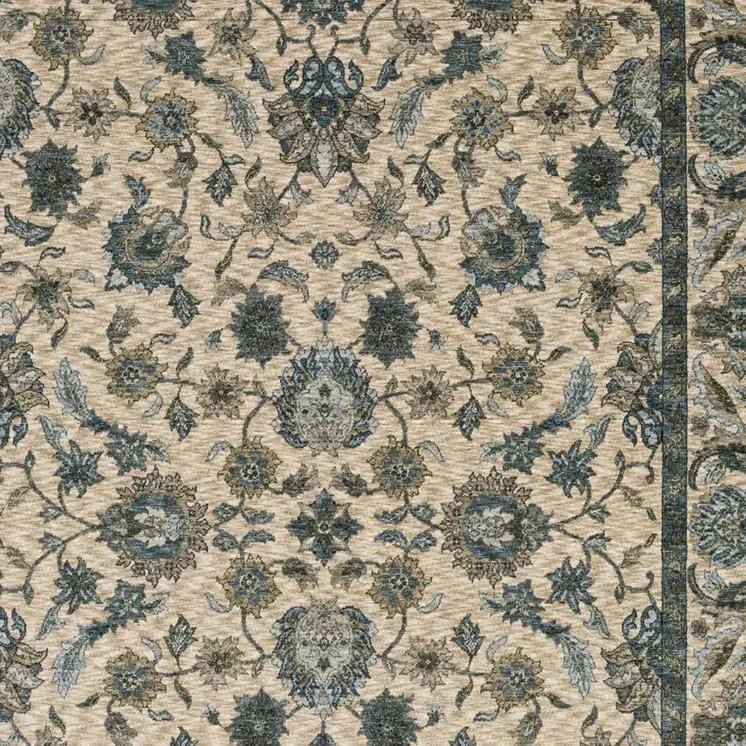 10' X 13' Beige And Blue Oriental Area Rug With Fringe