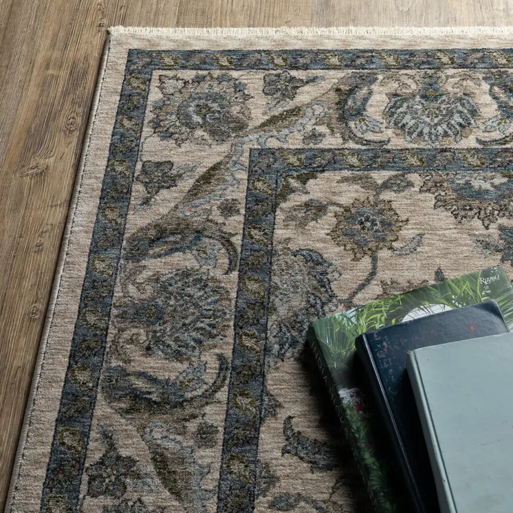 10' X 13' Beige And Blue Oriental Area Rug With Fringe