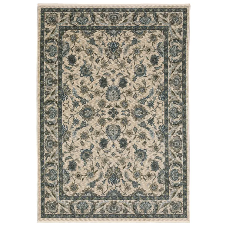 8' X 11' Beige And Blue Oriental Area Rug With Fringe
