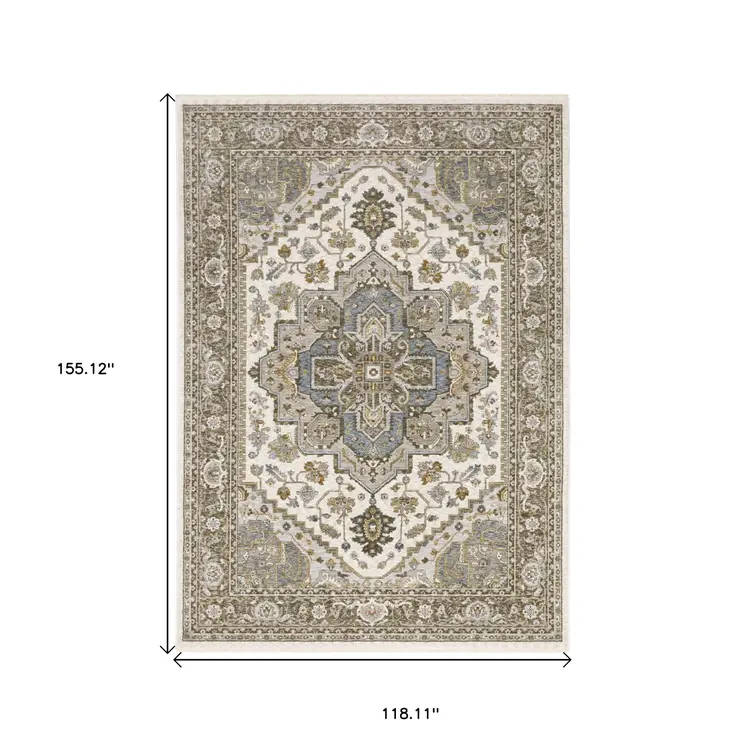 10' X 13' Ivory And Gold Medallion Distressed Area Rug With Fringe