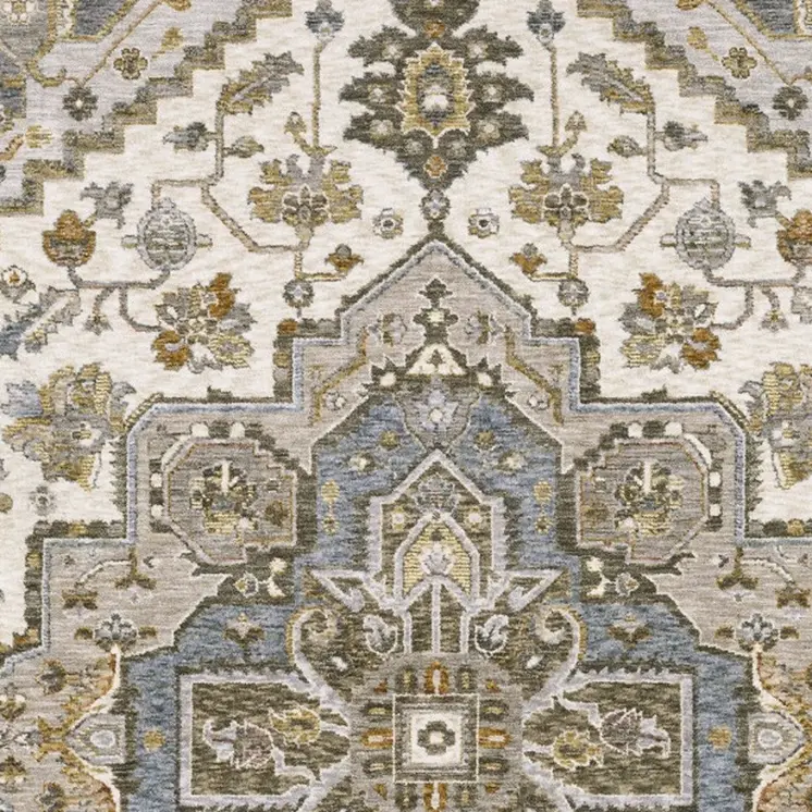 7' X 10' Ivory And Gold Medallion Distressed Area Rug With Fringe
