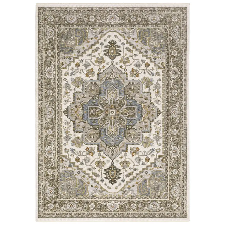 7' X 10' Ivory And Gold Medallion Distressed Area Rug With Fringe