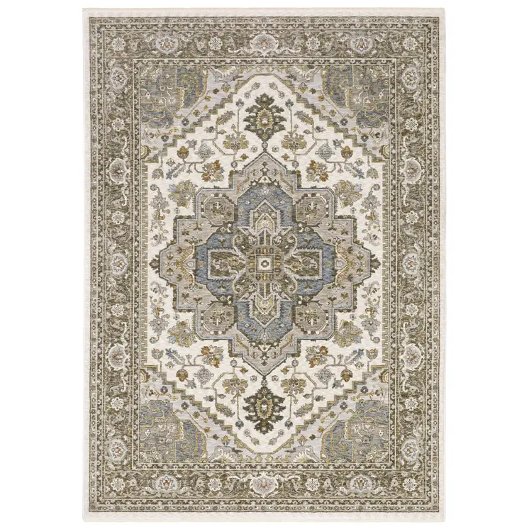 7' X 10' Ivory And Gold Medallion Distressed Area Rug With Fringe