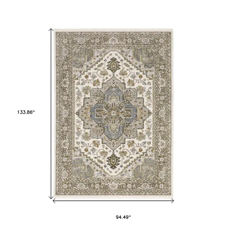 8' X 11' Ivory And Gold Medallion Distressed Area Rug With Fringe