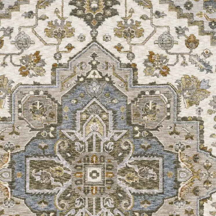 8' X 11' Ivory And Gold Medallion Distressed Area Rug With Fringe