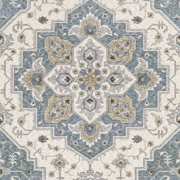 5' X 8' Blue And Ivory Medallion Distressed Area Rug With Fringe