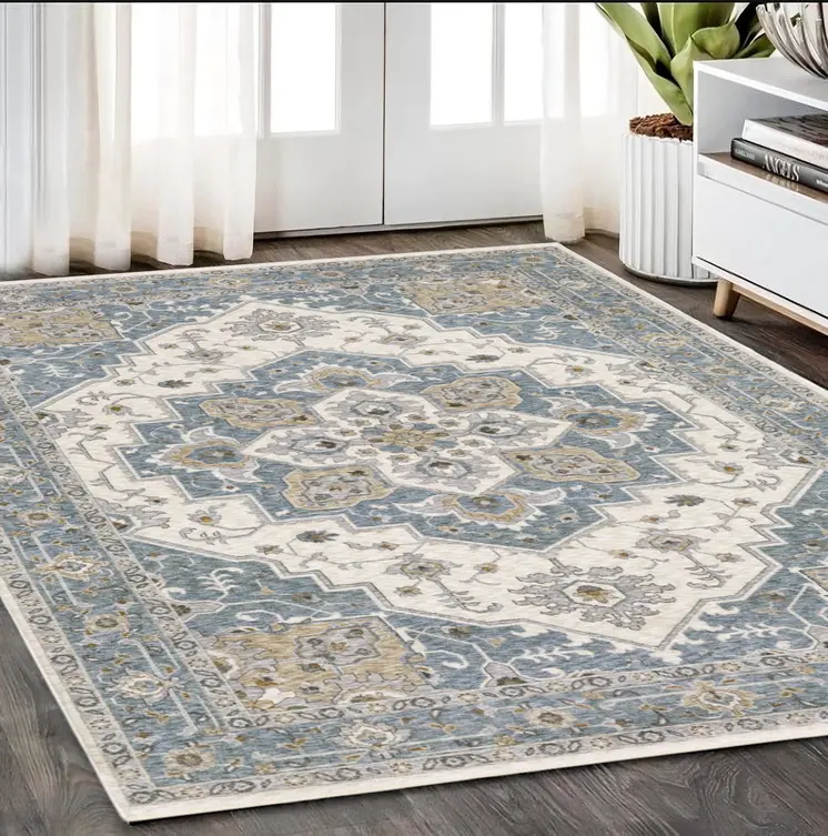 5' X 8' Blue And Ivory Medallion Distressed Area Rug With Fringe