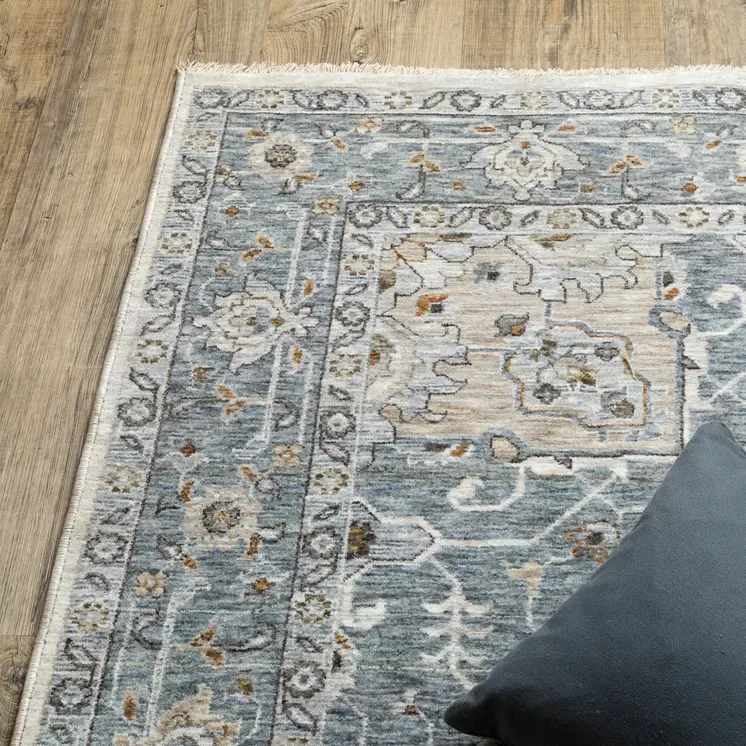 5' X 8' Blue And Ivory Medallion Distressed Area Rug With Fringe