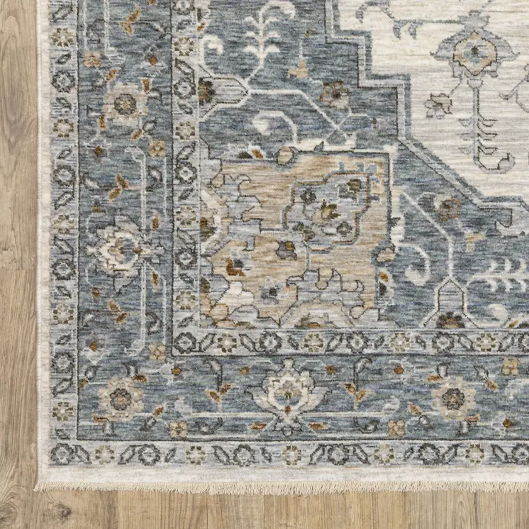 5' X 8' Blue And Ivory Medallion Distressed Area Rug With Fringe