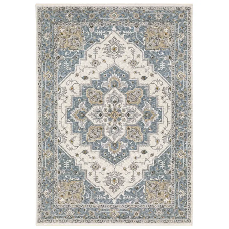10' X 13' Blue And Ivory Medallion Distressed Area Rug With Fringe