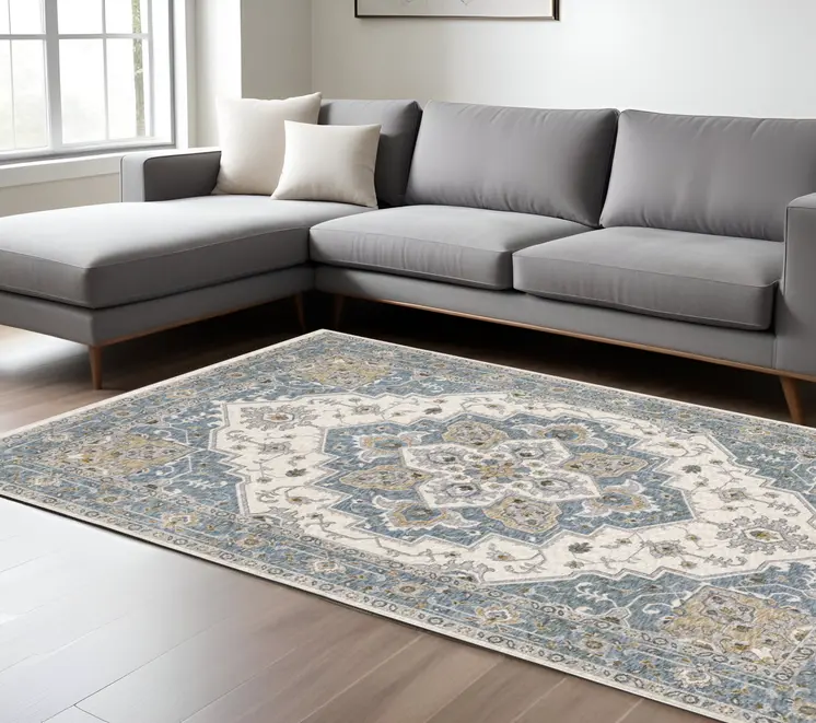 7' X 10' Blue And Ivory Medallion Distressed Area Rug With Fringe