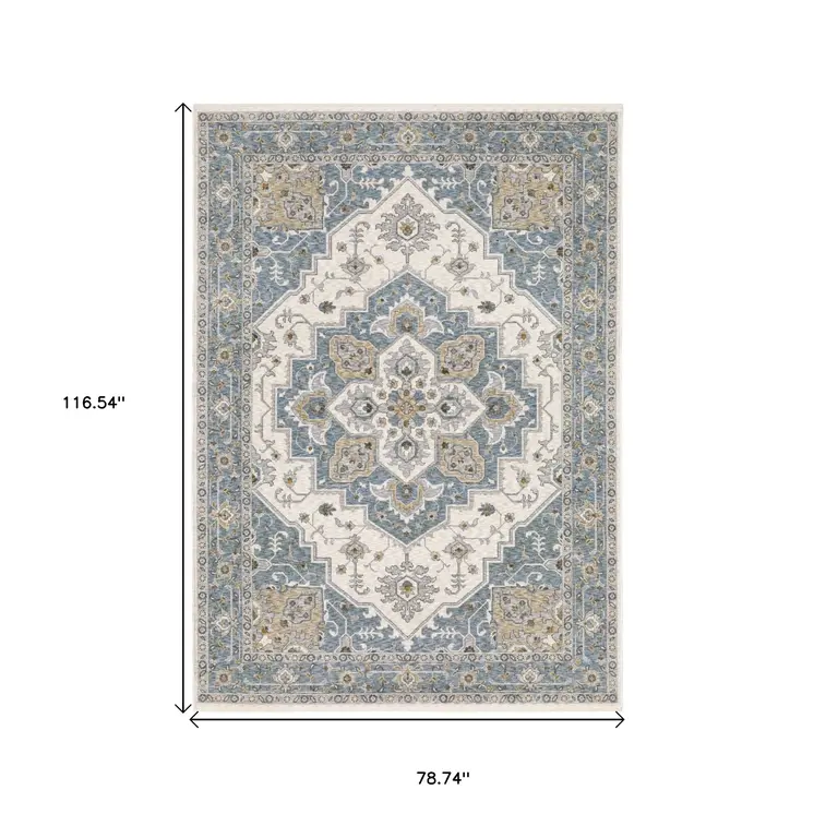 7' X 10' Blue And Ivory Medallion Distressed Area Rug With Fringe