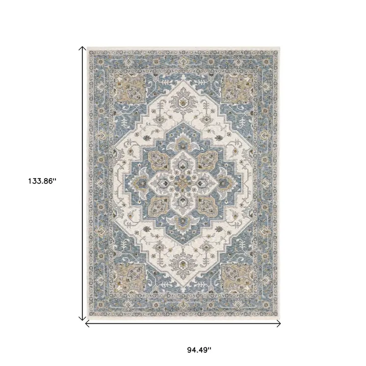 8' X 11' Blue And Ivory Medallion Distressed Area Rug With Fringe
