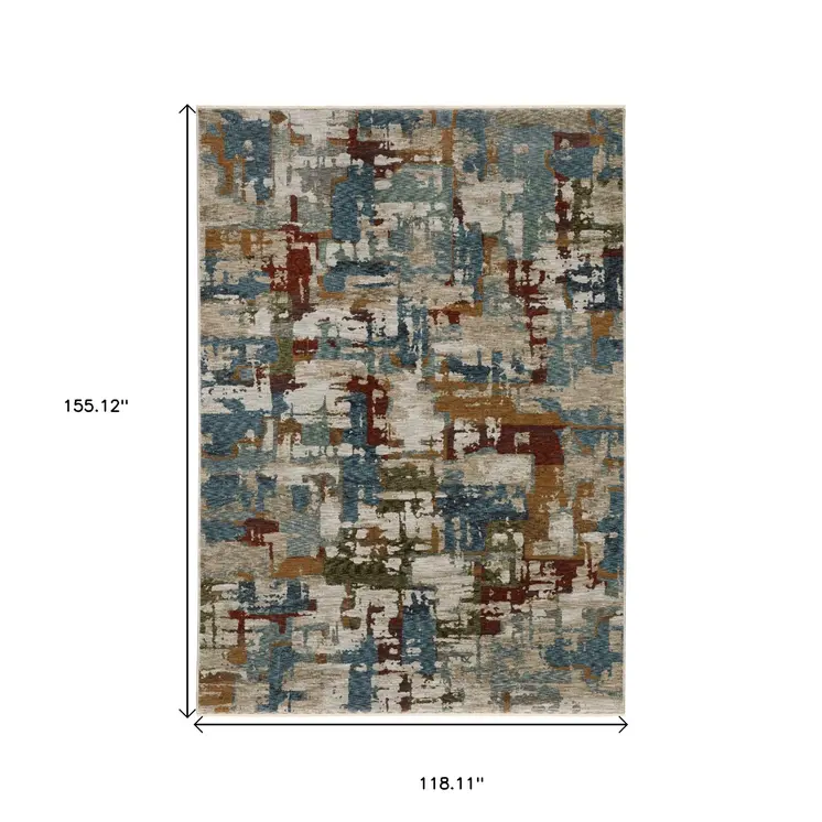 10' X 13' Beige Rust And Teal Abstract Distressed Area Rug With Fringe