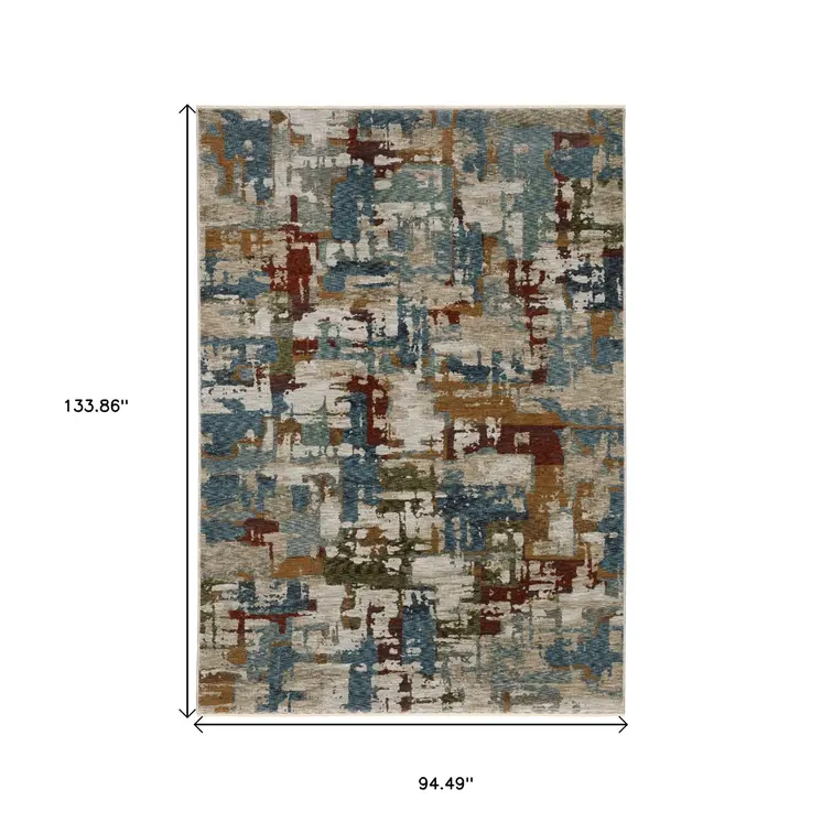 8' X 11' Beige Rust And Teal Abstract Distressed Area Rug With Fringe